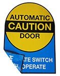 Custom double-sided automatic door decal providing clear safety instructions and caution messaging that can be read from both sides of a glass entrance. 